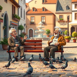 An animated scene depicting a charming plaza with a few pigeons pecking around on the cobblestone ground