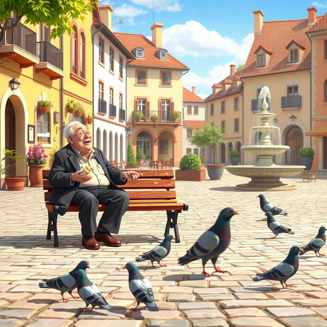 An animated scene depicting a charming plaza with a few pigeons pecking around on the cobblestone ground