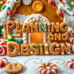 A whimsical and festive scene featuring the words 'Planning and Design' crafted out of colorful gingerbread
