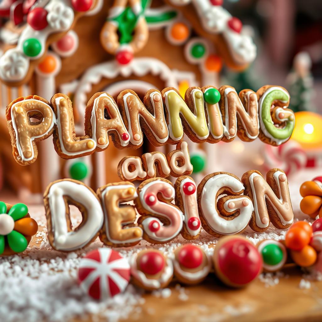 A whimsical and festive scene featuring the words 'Planning and Design' crafted out of colorful gingerbread