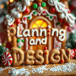 A whimsical and festive scene featuring the words 'Planning and Design' crafted out of colorful gingerbread