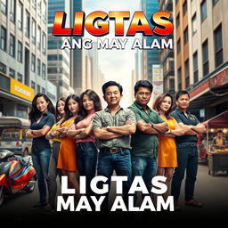 A movie poster for 'LIGTAS ANG MAY ALAM', featuring a group of diverse and strong characters standing united on a city street