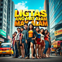 A movie poster for 'LIGTAS ANG MAY ALAM', featuring a group of diverse and strong characters standing united on a city street