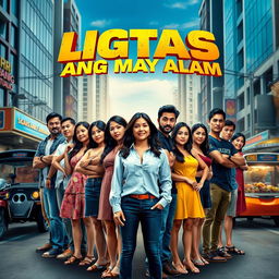 A movie poster for 'LIGTAS ANG MAY ALAM', featuring a group of diverse and strong characters standing united on a city street