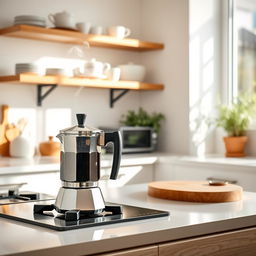 A stylish scene of making coffee with a moka pot in a bright, modern white kitchen that features warm wood accents