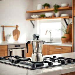 A stylish scene of making coffee with a moka pot in a bright, modern white kitchen that features warm wood accents