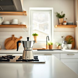 A stylish scene of making coffee with a moka pot in a bright, modern white kitchen that features warm wood accents
