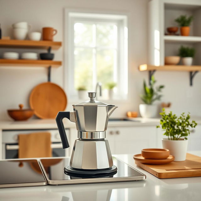 A stylish scene of making coffee with a moka pot in a bright, modern white kitchen that features warm wood accents