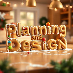 A whimsical design of the words 'Planning and Design' created entirely from gingerbread