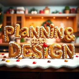 A whimsical design of the words 'Planning and Design' created entirely from gingerbread