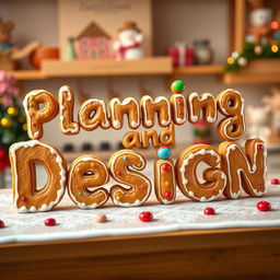 A whimsical design of the words 'Planning and Design' created entirely from gingerbread