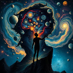 A surreal depiction of a person delving deep into their shadow self within a cosmic landscape