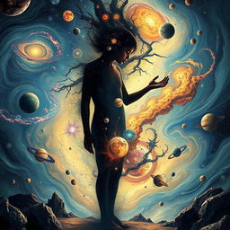 A surreal depiction of a person delving deep into their shadow self within a cosmic landscape
