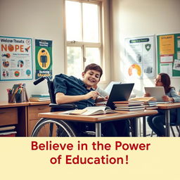 A motivational poster featuring a disabled student enthusiastically studying at a desk filled with books, a laptop, and stationery