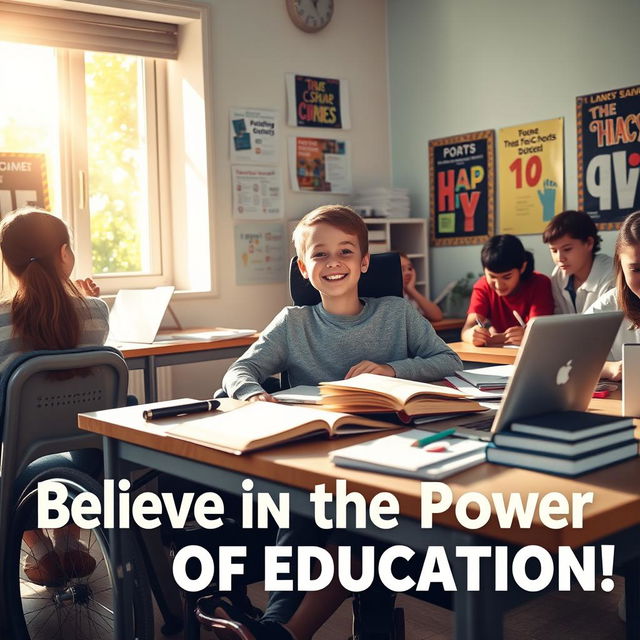 A motivational poster featuring a disabled student enthusiastically studying at a desk filled with books, a laptop, and stationery