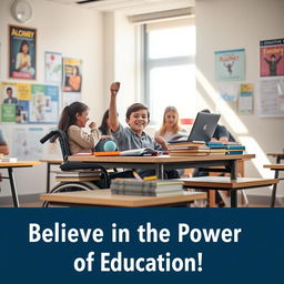 A motivational poster featuring a disabled student enthusiastically studying at a desk filled with books, a laptop, and stationery