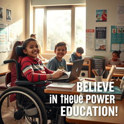 A motivational poster featuring a disabled student enthusiastically studying at a desk filled with books, a laptop, and stationery