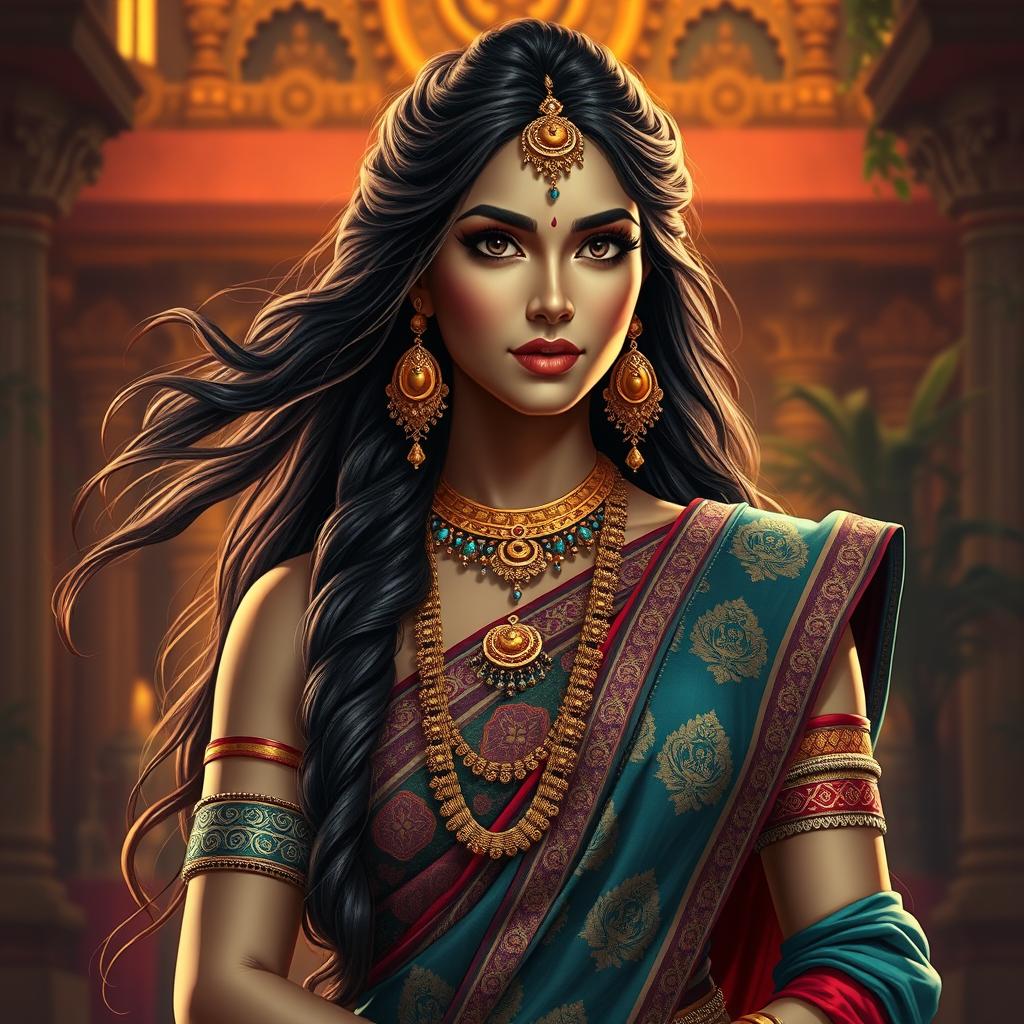 A striking portrayal of Draupadi from Indian mythology, showcasing her beauty and grace