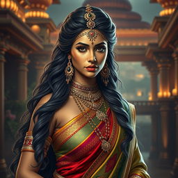 A striking portrayal of Draupadi from Indian mythology, showcasing her beauty and grace