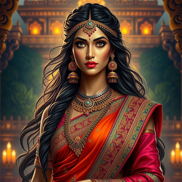 A striking portrayal of Draupadi from Indian mythology, showcasing her beauty and grace