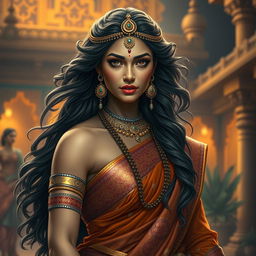 A striking portrayal of Draupadi from Indian mythology, showcasing her beauty and grace