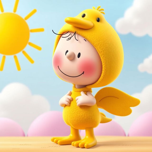 A Peanuts character dressed in a whimsical duck costume, showcasing vibrant colors and playful details