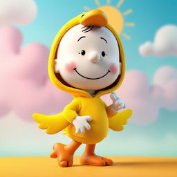 A Peanuts character dressed in a whimsical duck costume, showcasing vibrant colors and playful details