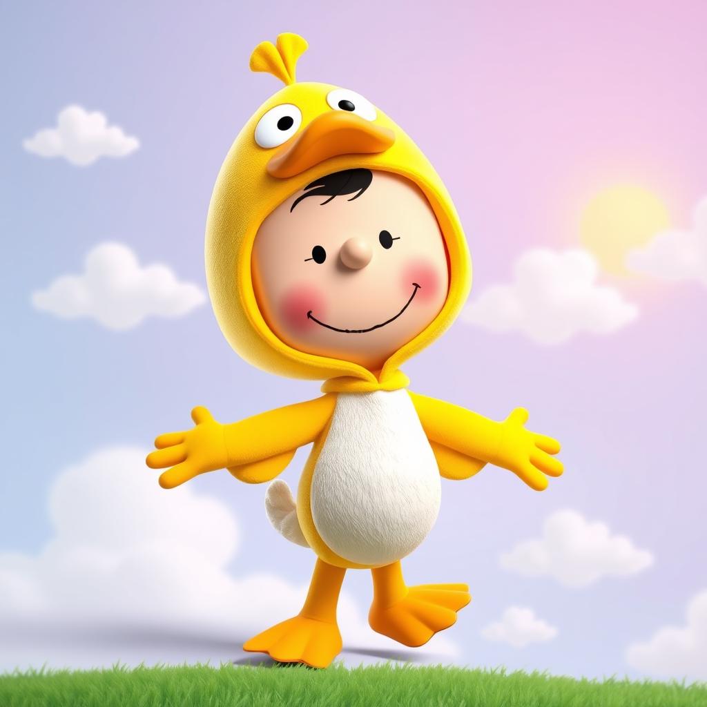 A Peanuts character dressed in a whimsical duck costume, showcasing vibrant colors and playful details