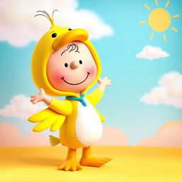 A Peanuts character dressed in a whimsical duck costume, showcasing vibrant colors and playful details