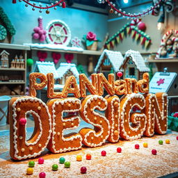 A whimsical display featuring the words 'Planning and Design' crafted as if they are made of gingerbread, showcasing intricate icing designs and candy decorations
