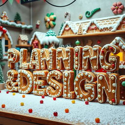 A whimsical display featuring the words 'Planning and Design' crafted as if they are made of gingerbread, showcasing intricate icing designs and candy decorations