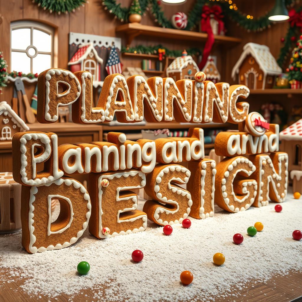 A whimsical display featuring the words 'Planning and Design' crafted as if they are made of gingerbread, showcasing intricate icing designs and candy decorations