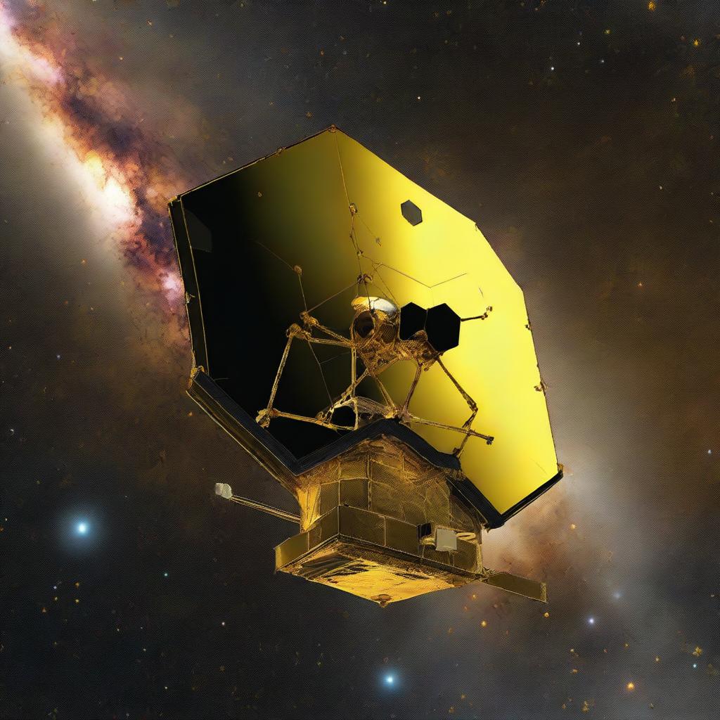 A spectacular 3D render of the James Webb Space Telescope (JWST) floating serenely in the vast expanse of space