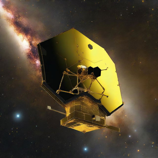 A spectacular 3D render of the James Webb Space Telescope (JWST) floating serenely in the vast expanse of space