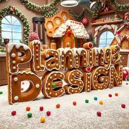 A whimsical display featuring the words 'Planning and Design' crafted as if they are made of gingerbread, showcasing intricate icing designs and candy decorations