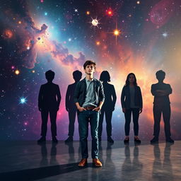 An imaginative scene depicting a person engaged in exploring their shadow self amidst a cosmic background