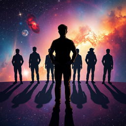 An imaginative scene depicting a person engaged in exploring their shadow self amidst a cosmic background