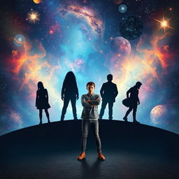 An imaginative scene depicting a person engaged in exploring their shadow self amidst a cosmic background
