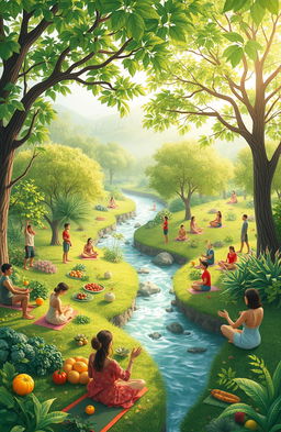 An artistic representation of sustainable health, showcasing a serene landscape with vibrant greenery, people engaging in mindful activities like yoga and meditation in nature