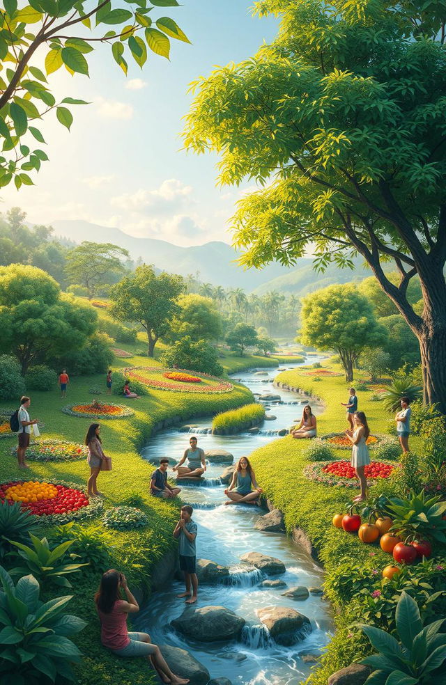 An artistic representation of sustainable health, showcasing a serene landscape with vibrant greenery, people engaging in mindful activities like yoga and meditation in nature