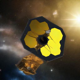 A spectacular 3D render of the James Webb Space Telescope (JWST) floating serenely in the vast expanse of space