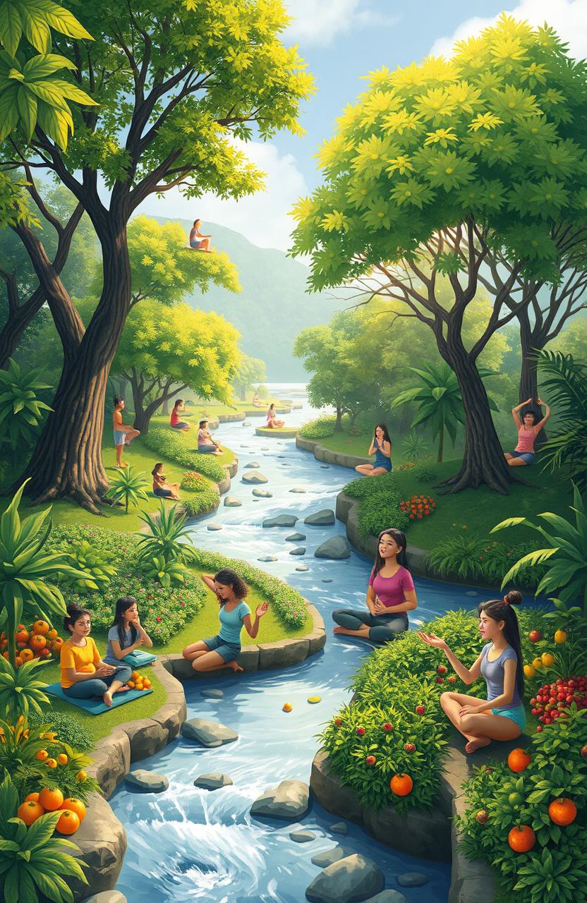 An artistic representation of sustainable health, showcasing a serene landscape with vibrant greenery, people engaging in mindful activities like yoga and meditation in nature