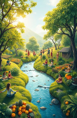 An artistic representation of sustainable health, showcasing a serene landscape with vibrant greenery, people engaging in mindful activities like yoga and meditation in nature