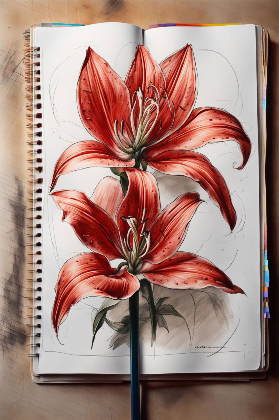 A high-quality image of a detailed, hand-drawn sketch of a lily on a sketch pad