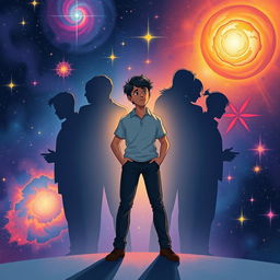 An engaging illustration capturing a person exploring their shadow self, set against a cosmic backdrop filled with vibrant stars and galaxies