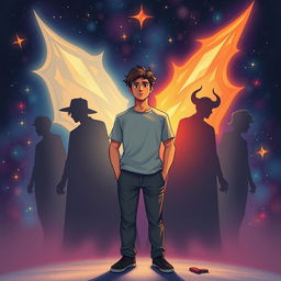 An engaging illustration capturing a person exploring their shadow self, set against a cosmic backdrop filled with vibrant stars and galaxies