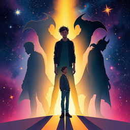 An engaging illustration capturing a person exploring their shadow self, set against a cosmic backdrop filled with vibrant stars and galaxies