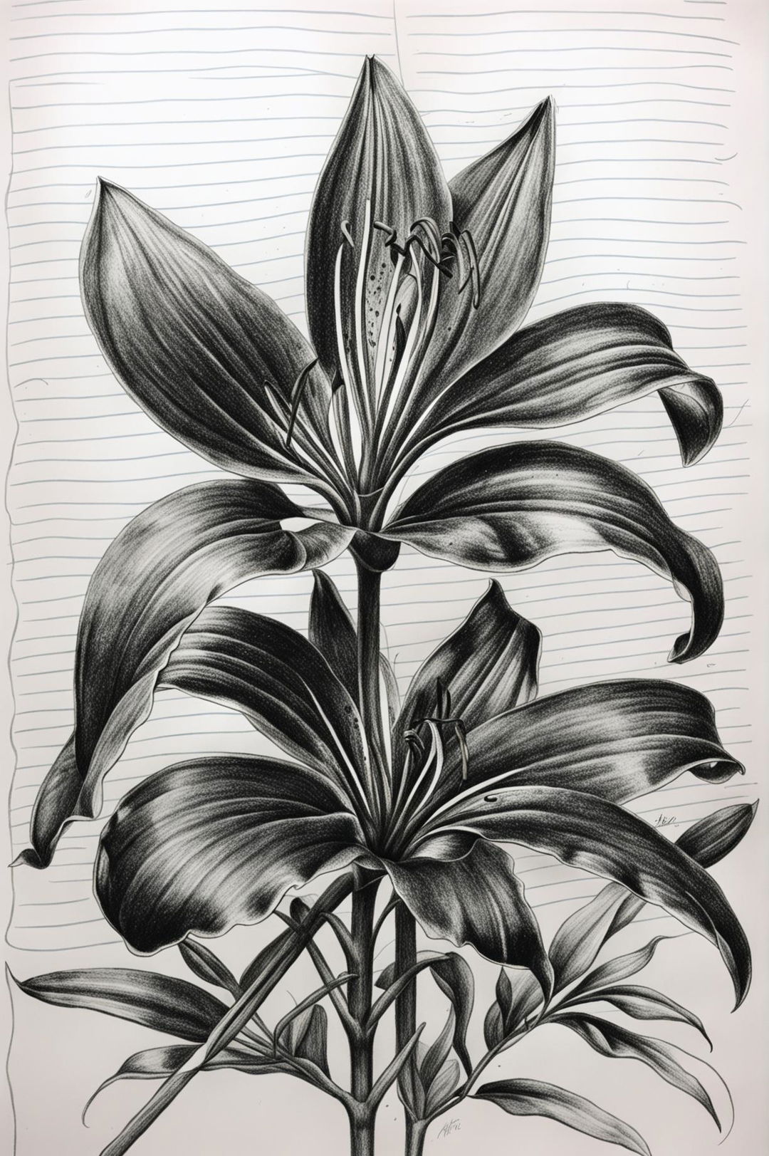 This is a meticulously drawn pencil sketch of a lily on lined paper