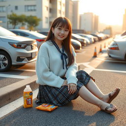 A beautiful young Japanese college student sitting casually near a parking lot in a city
