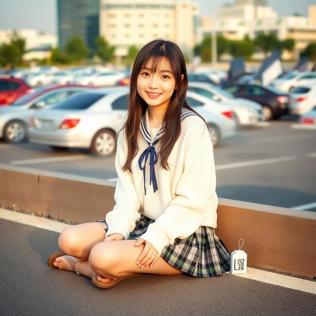 A beautiful young Japanese college student sitting casually near a parking lot in a city